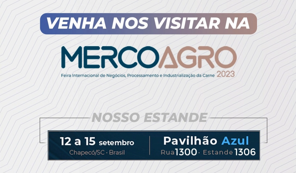 Imagem com texto - Venha nos visitar na Mercoagro! Nosso estande - seguida de informaes sobre o estande e datas.