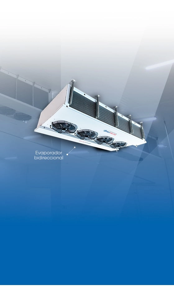 Banner contendo a imagem do evaporador bidirecional da Tecnofrio, e ao fundo imagem do evaporador instalado em ambiente interno de empresa.