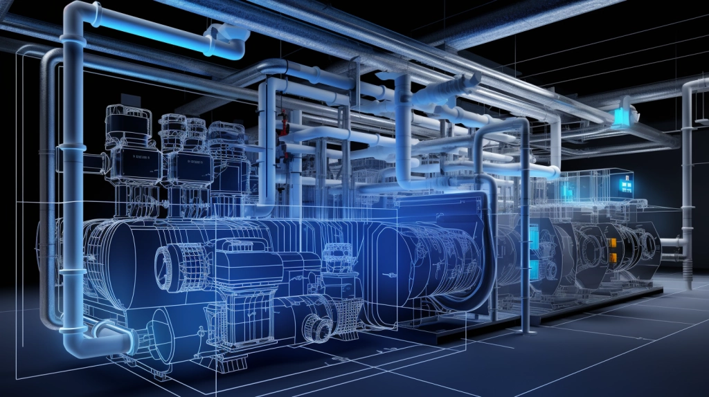 Imagem 3D de uma mquina, com tubos e motores.